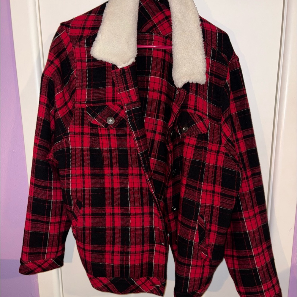 Torrid Red and Black Plaid Trucker Jacket with White Sherpa collar